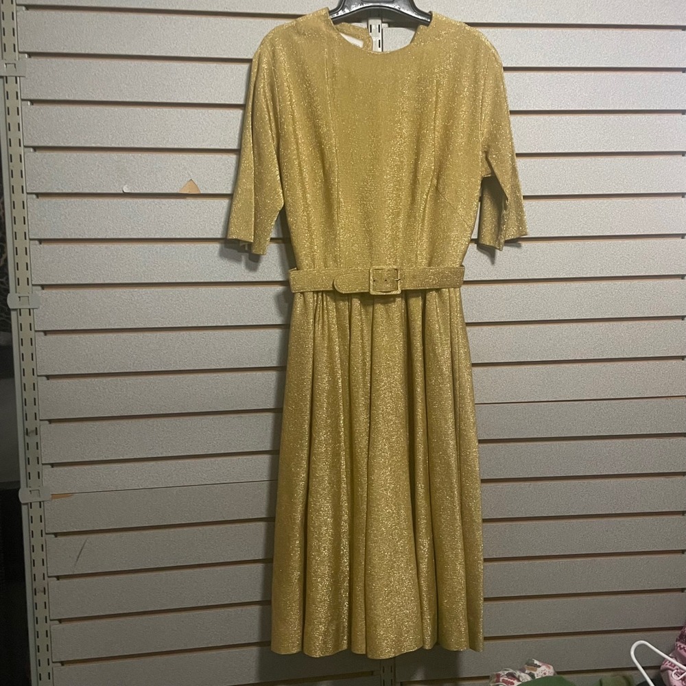 Justin McCarty Vintage Gold Metallic Lurex Belted Flare Midi Dress 1940's Lame'